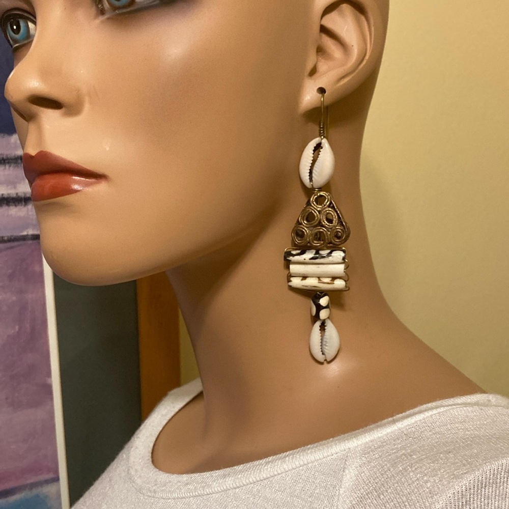 Brass and shell long dangling fertility earrings w/tubular and cowrie shells